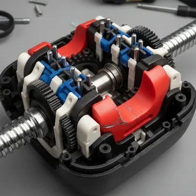 Adjustable dumbbell showing intricate internal mechanisms and plastic parts susceptible to damage.