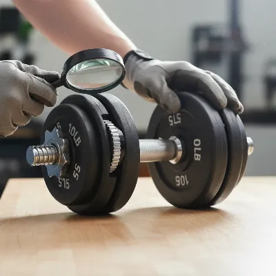 A person inspecting an adjustable dumbbell for rattling, checking the locking mechanism and plate alignment.
