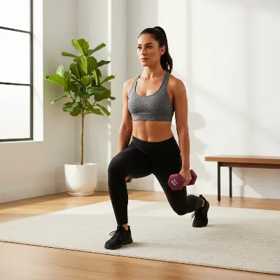 A woman doing lunges with a pair of purple All in Motion neoprene dumbbells in a modern, well-lit living room, demonstrating good form