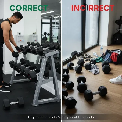 Person carefully placing rubber hex dumbbell onto a proper rack, highlighting correct storage practices versus incorrect methods