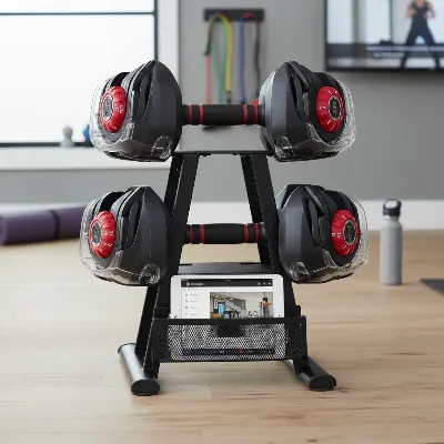 Bowflex SelectTech 552 Adjustable Dumbbells on a sleek, black Bowflex stand in a clean home gym, demonstrating organized, adjustable weight training.