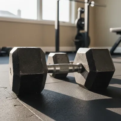 A pair of classic cast iron hex dumbbells resting on a durable gym floor mat in a well-organized home gym setting, illuminated by natural light, realistic style.