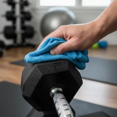 A person wiping down a rubber dumbbell set after a workout, ensuring cleanliness and hygiene.