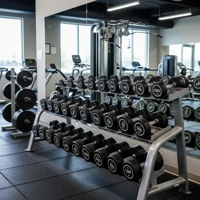 Diverse collection of urethane dumbbells on a rack