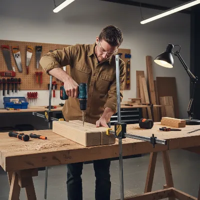 A person actively assembling a wooden dumbbell rack with a drill and clamps in a workshop.
