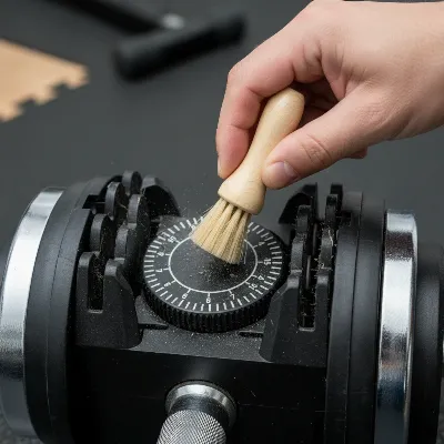 Close-up of a hand using a small brush to clean debris from an adjustable dumbbell's weight plate slots and dial mechanism.
