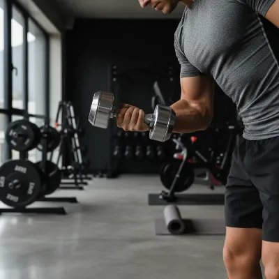 A person demonstrating a dumbbell bicep curl with an adjustable dumbbell in a home gym.
