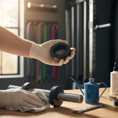 A person cleaning and oiling a spinlock dumbbell set, wiping the bar and inspecting the collars for wear as part of routine maintenance.