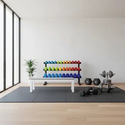 A diverse collection of fixed weight and adjustable dumbbells in a clean, minimalist home gym setting.