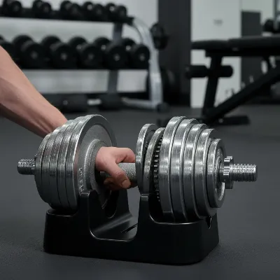 Close-up of SMRTFT Nuobell adjustable dumbbell adjustment mechanism, showing a hand twisting the handle in a home gym setting.