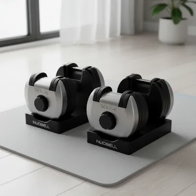 Nuobell Adjustable Dumbbell Set unpacked, showcasing sleek design and space-saving base
