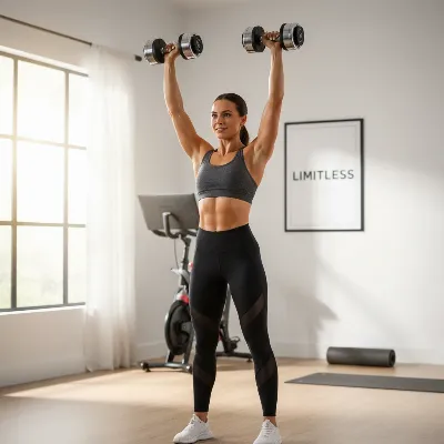 Athlete performing shoulder press with SMRTFT Nuobell adjustable dumbbell in a modern home gym.