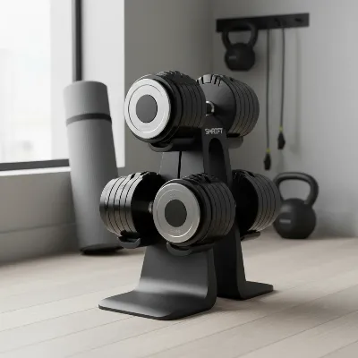 Pair of SMRTFT Nuobell adjustable dumbbells on their custom stand, highlighting their efficient space-saving design in a home gym.