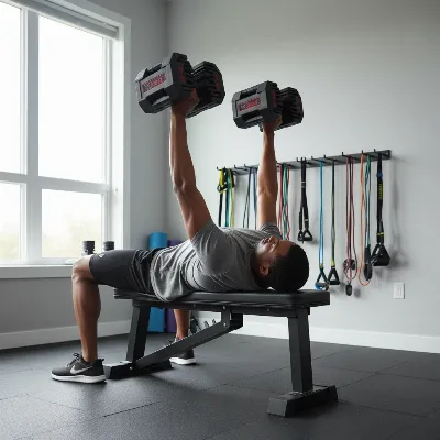 Person performing a dumbbell bench press with PowerBlock Elite dumbbells