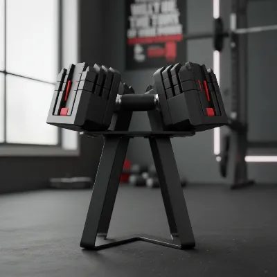 PowerBlock Pro 100 EXP Adjustable Dumbbells resting on their dedicated stand, showcasing the compact design and quick weight selection mechanism.