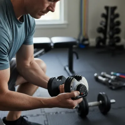 Person performing a pre-workout safety check on an adjustable dumbbell, inspecting the locking mechanism.
