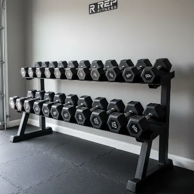 REP Fitness rubber hex dumbbells neatly arranged on a rack in a modern garage gym for diverse workouts