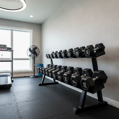 Rubber hex dumbbells stored neatly on a rack in a cool, dry, well-ventilated home gym space, away from direct sunlight