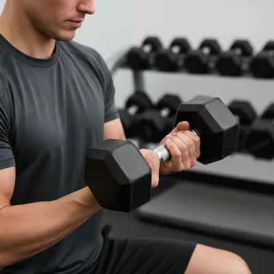 A person meticulously examining a urethane dumbbell, focusing on the handle knurling and coating quality, in a well-lit home gym setting