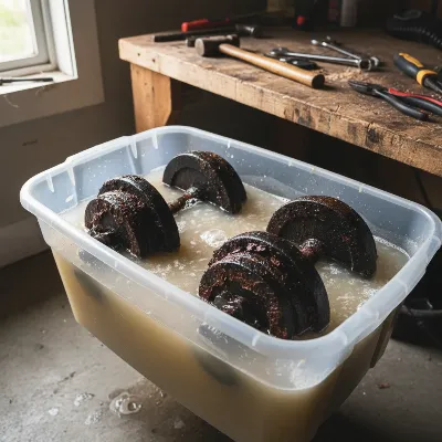 A pair of heavily rusted iron dumbbells soaking in a large plastic container filled with a white vinegar and water solution, with a soft scrubbing brush nearby for context.